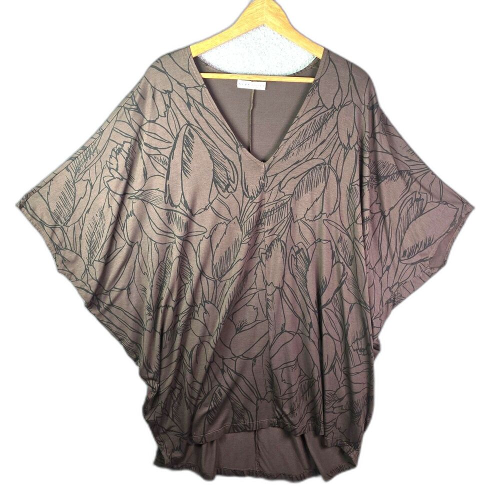 Bryn Walker Tunic Brown OS Botanical Print Dolman Sleeve V Neck Flowy